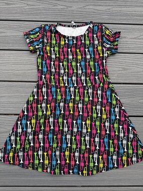 Girls Black Knit Skater Dress with Colorful Trumpet Print